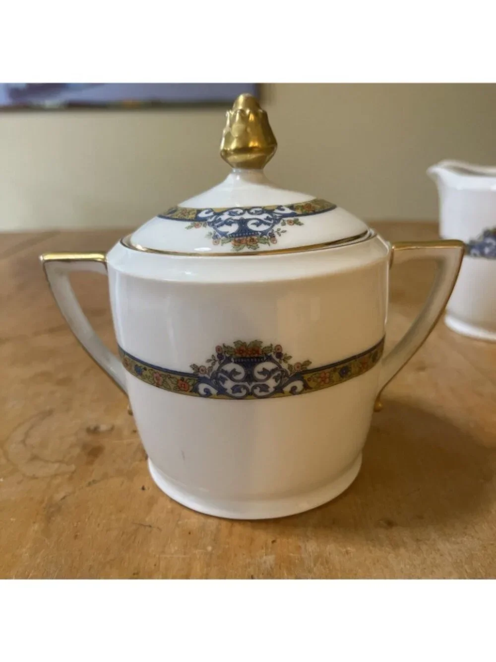 Pirkenhammer Czechoslovakia Cream & Sugar w/ Lid marienbad Gilded Blue Floral